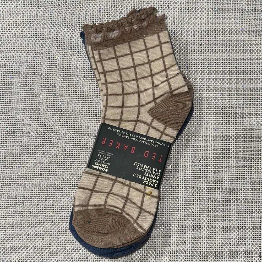 Ted Baker Tan Plaid Blue Dress Crew cut Knit Bamboo Blend Socks 3 pack